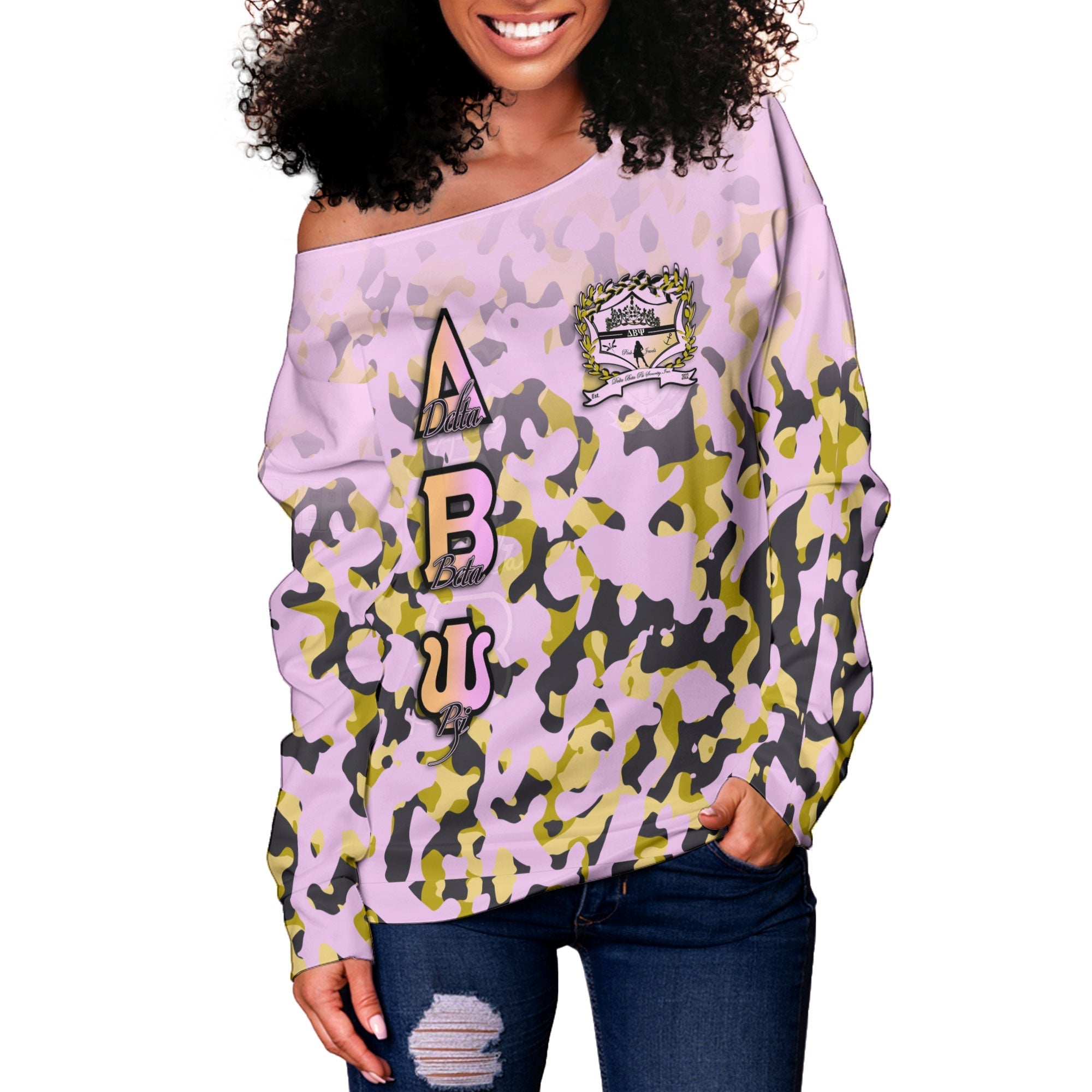 Sorority Sweatshirt - Delta Beta Psi Women Off Shoulder Sweatshirt Camouflage Style