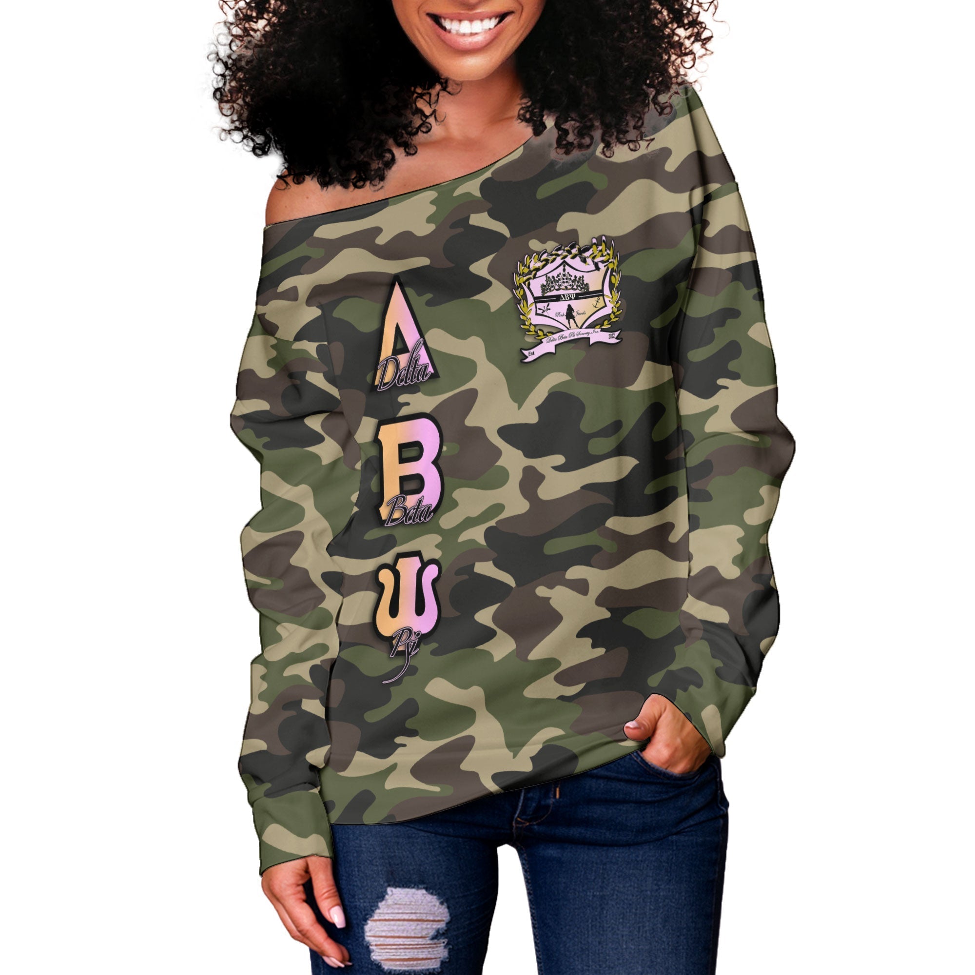 Sorority Sweatshirt - Delta Beta Psi Women Off Shoulder Sweatshirt Camo Crest Style