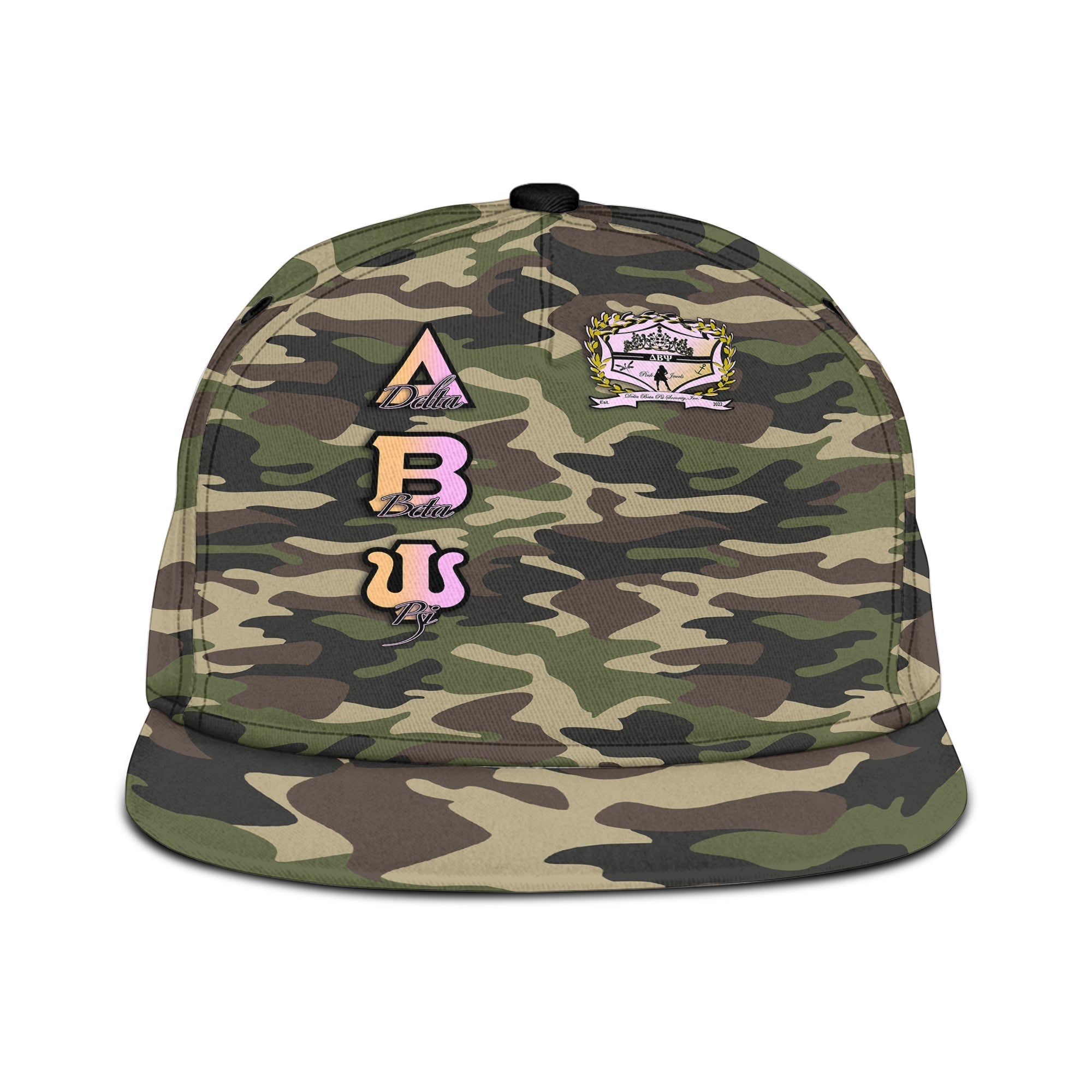Sorority Hat -  Delta Beta Psi Snapback Hat Camo Crest Style