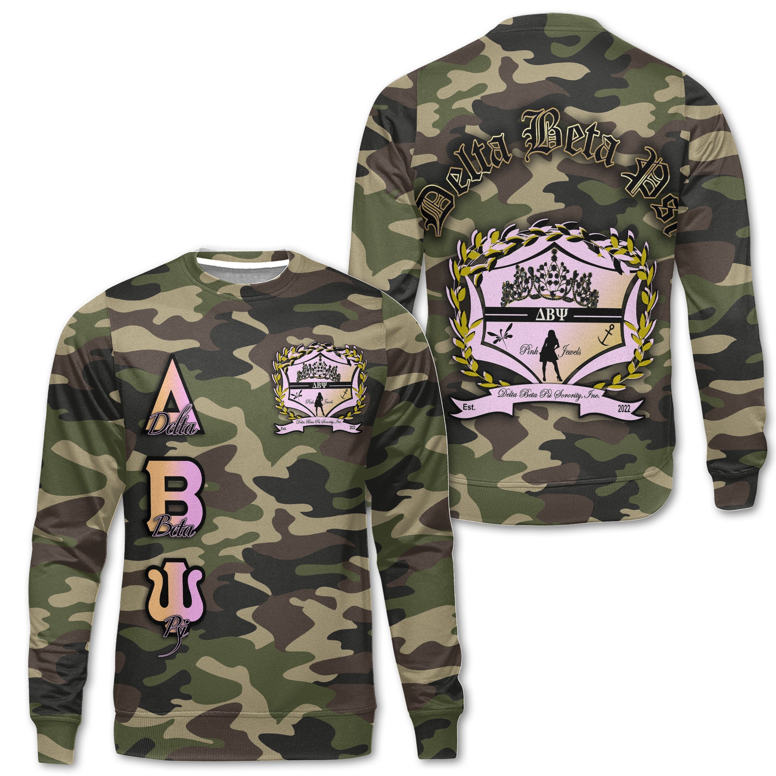 Sorority Sweatshirt - Delta Beta Psi Sweatshirt Camo Crest Style