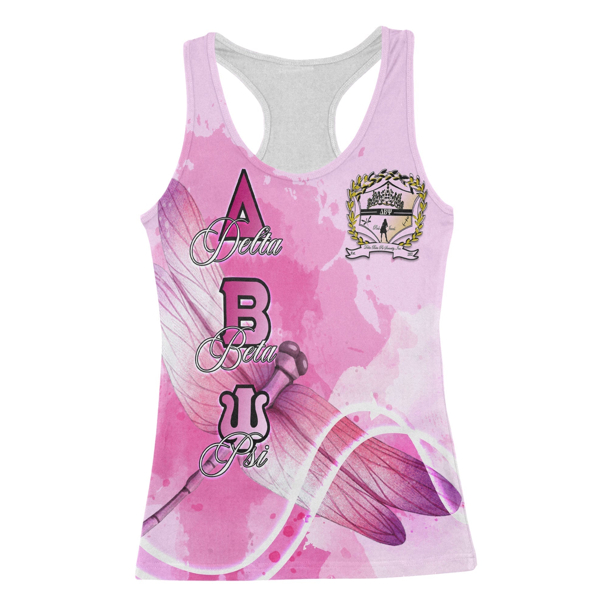 Sorority Tank Top - Personalized Delta Beta Psi Racerback Tank Pink Dragonfly Style
