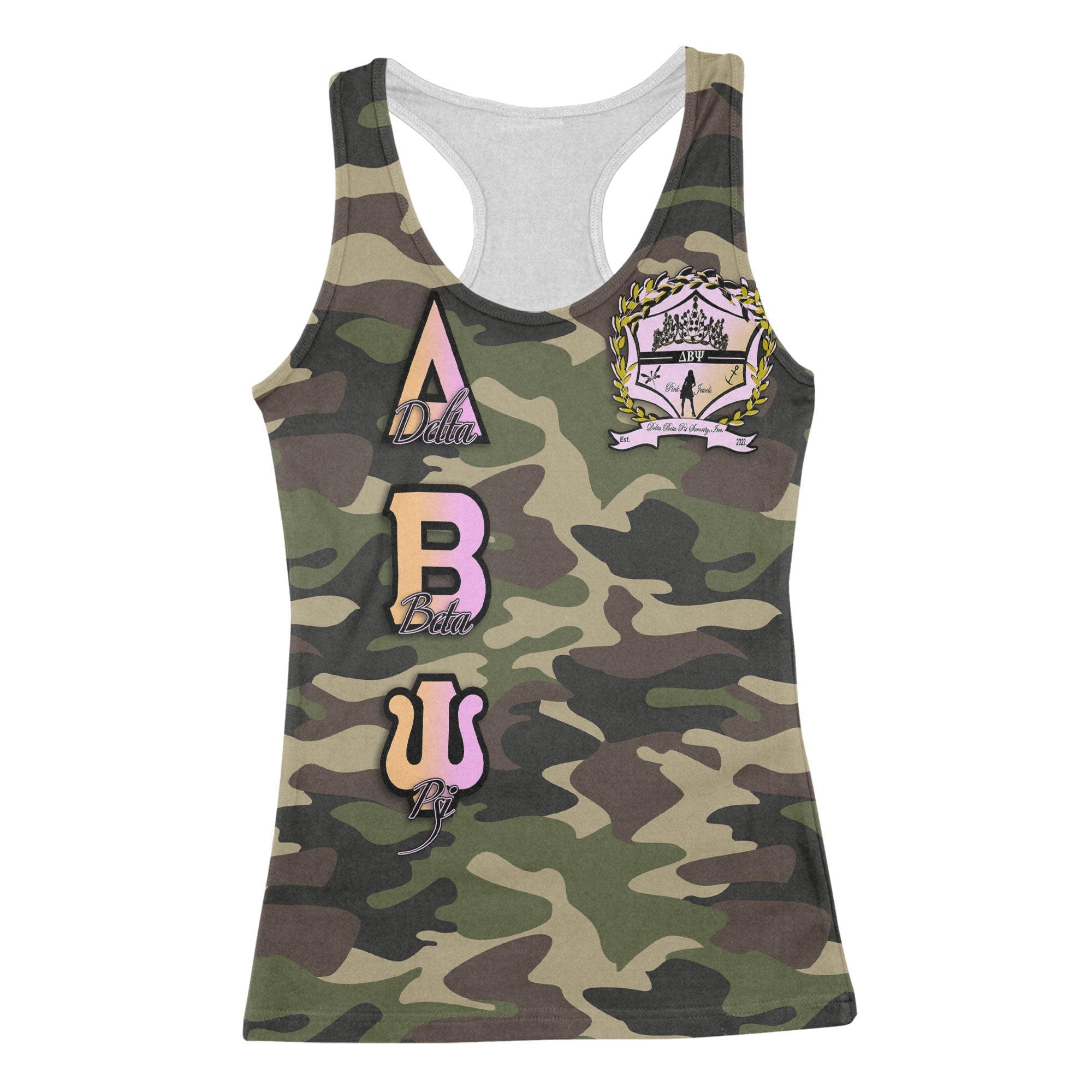 Sorority Tank Top - Delta Beta Psi Racerback Tank Camo Crest Style