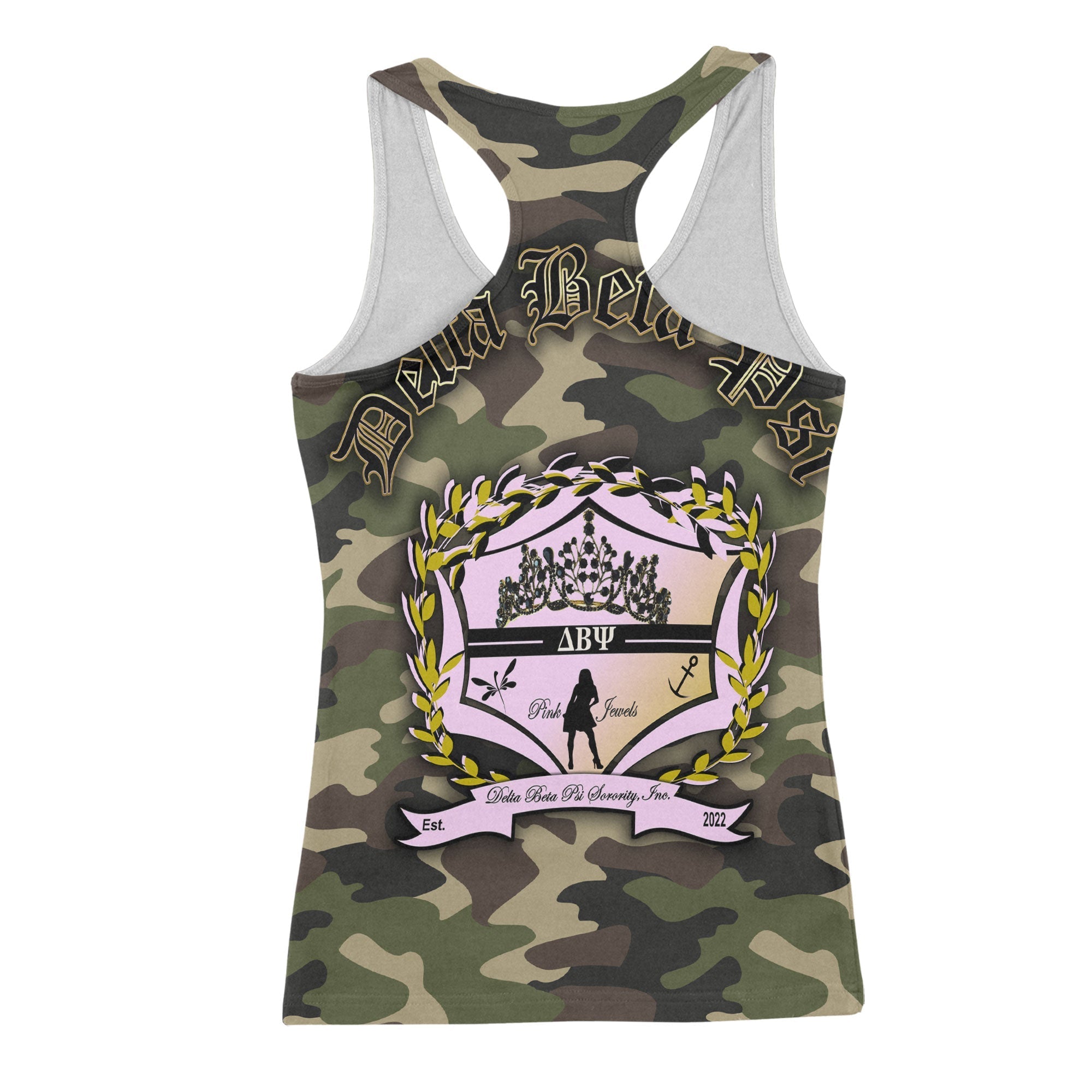 Sorority Tank Top - Delta Beta Psi Racerback Tank Camo Crest Style