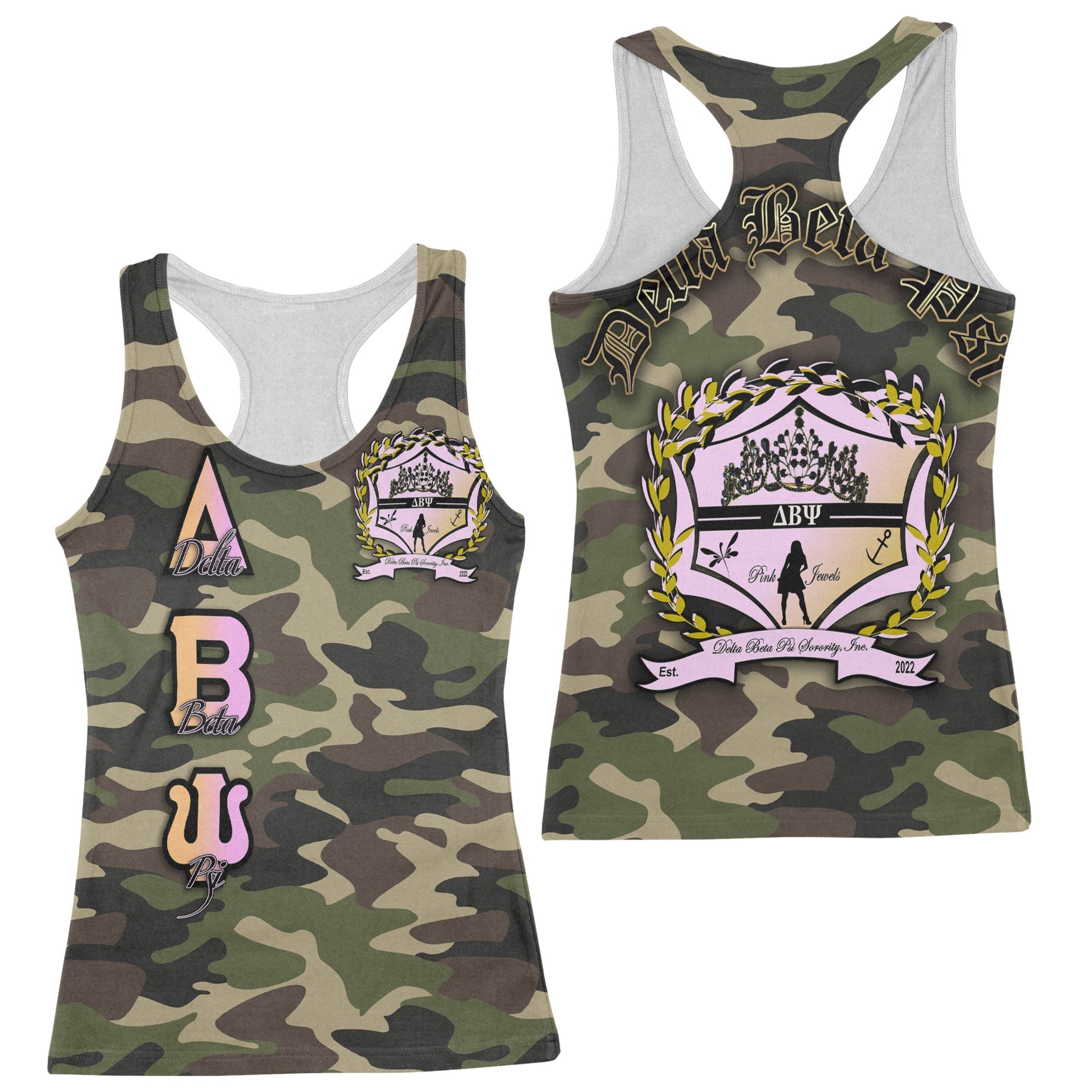 Sorority Tank Top - Delta Beta Psi Racerback Tank Camo Crest Style