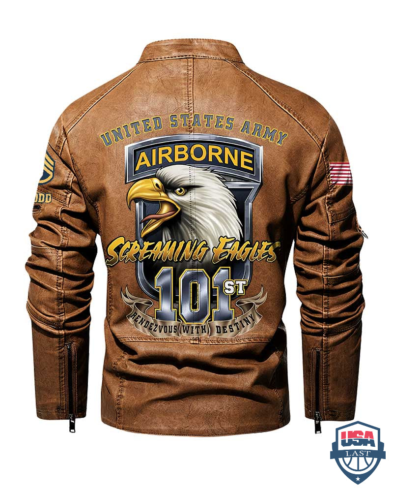 US Army 101st Airborne Division Screaming Eagle Personalized Collar Leather Jacket - HVSun
