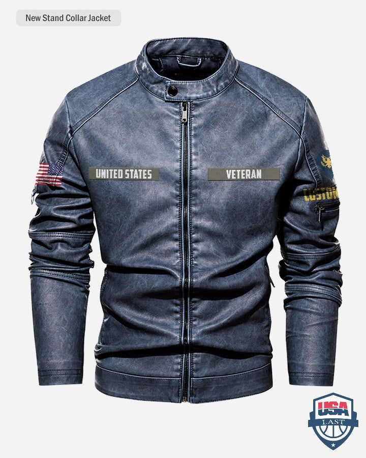 US Army Veteran Stand Collar Leather Jacket - HVSun