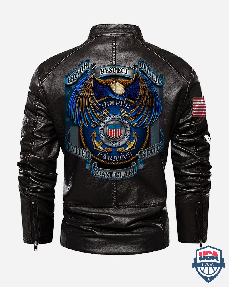 US Coast Guard Honor Respect Devotion Custom Collar Leather Jacket - HVSun