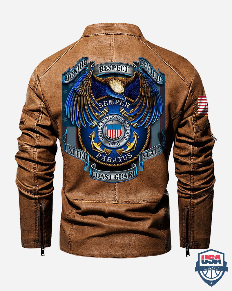 US Coast Guard Honor Respect Devotion Custom Collar Leather Jacket - HVSun