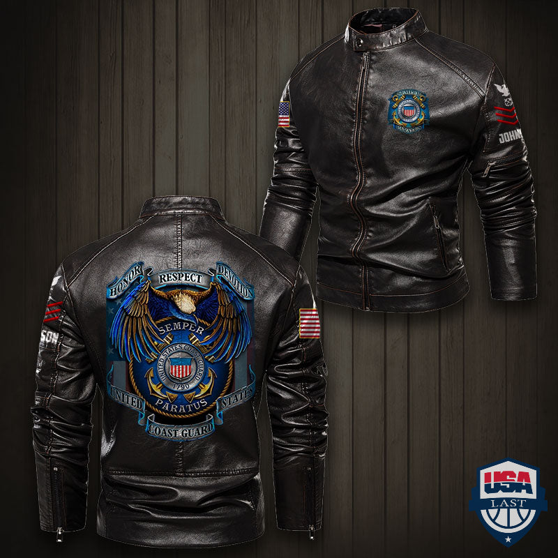 US Coast Guard Honor Respect Devotion Custom Collar Leather Jacket - HVSun