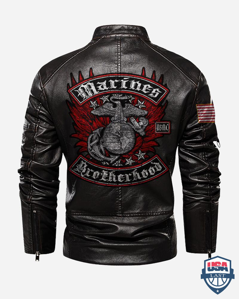 US Marines Corps Brotherhood Distressed Rocker Foil Stamp Motor Leather Jacket - HVSun