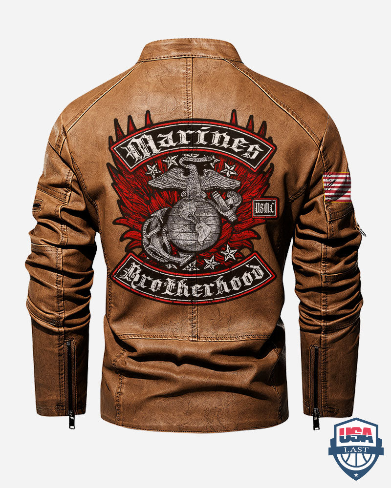 US Marines Corps Brotherhood Distressed Rocker Foil Stamp Motor Leather Jacket - HVSun