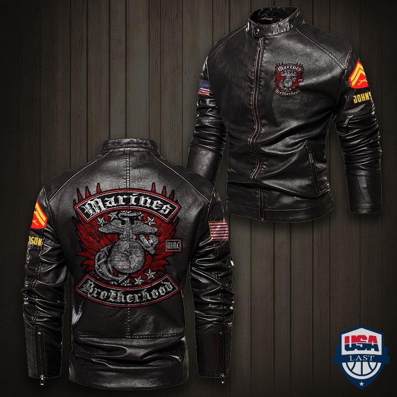 US Marines Corps Brotherhood Distressed Rocker Foil Stamp Motor Leather Jacket - HVSun