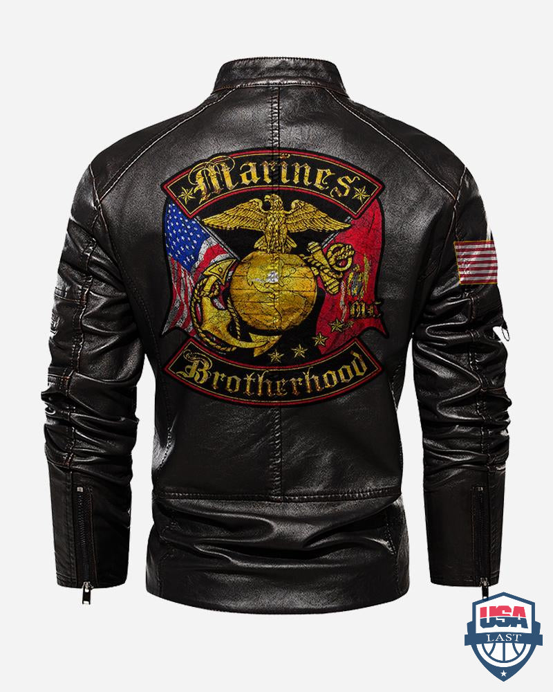 US Marines Corps Brotherhood Double Flag Motor Leather Jacket - USALast