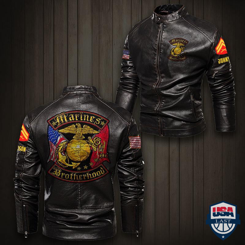 US Marines Corps Brotherhood Double Flag Motor Leather Jacket - HVSun