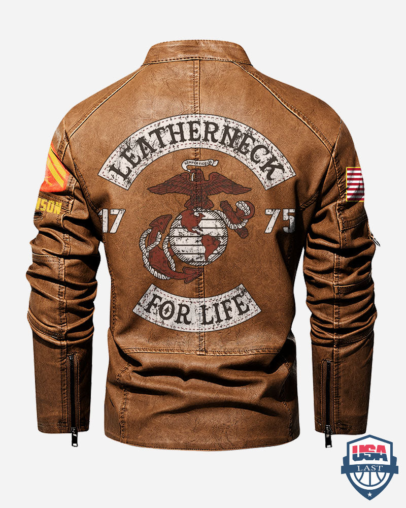 US Marines Corps Leatherneck For Life Personalized Collar Leather Jacket - HVSun