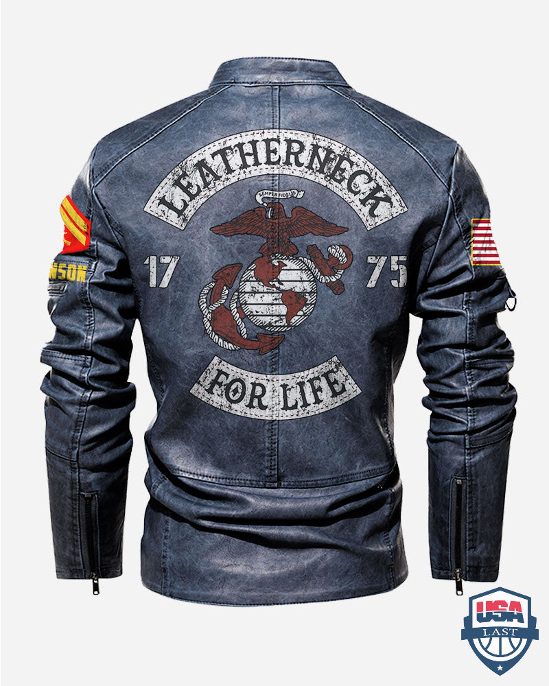 US Marines Corps Leatherneck For Life Personalized Collar Leather Jacket - HVSun