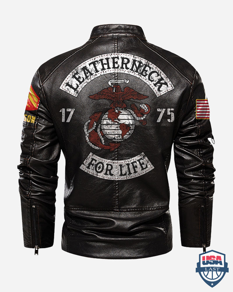US Marines Corps Leatherneck For Life Personalized Collar Leather Jacket - HVSun