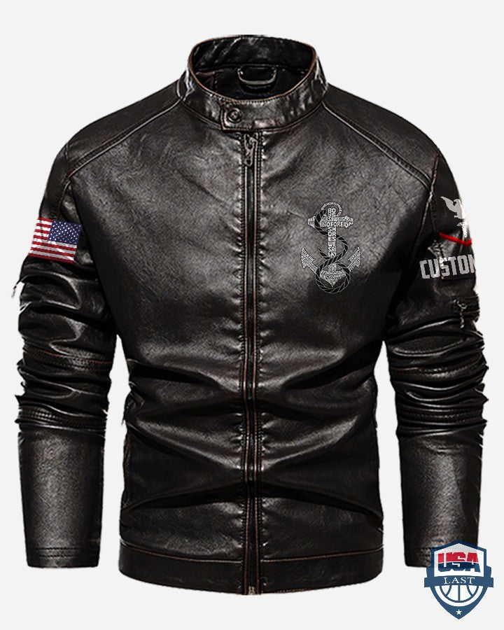 US Navy Anchor Custom Stand Collar Leather Jacket - HVSun