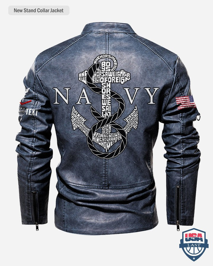 US Navy Anchor Custom Stand Collar Leather Jacket - HVSun