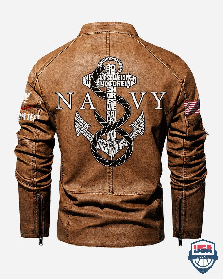 US Navy Anchor Custom Stand Collar Leather Jacket - HVSun
