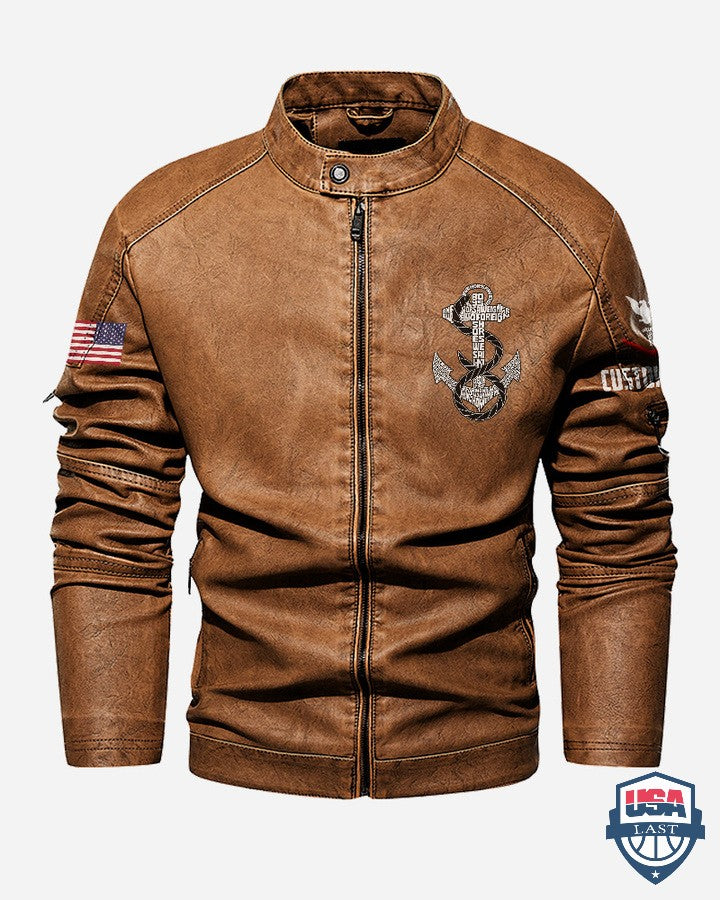 US Navy Anchor Custom Stand Collar Leather Jacket - HVSun