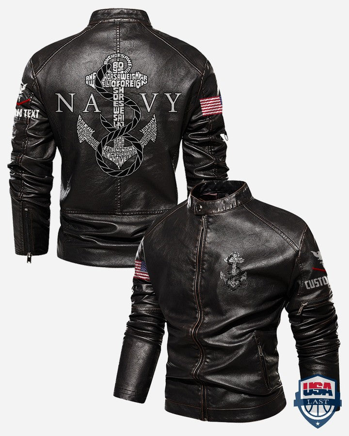 US Navy Anchor Custom Stand Collar Leather Jacket - HVSun