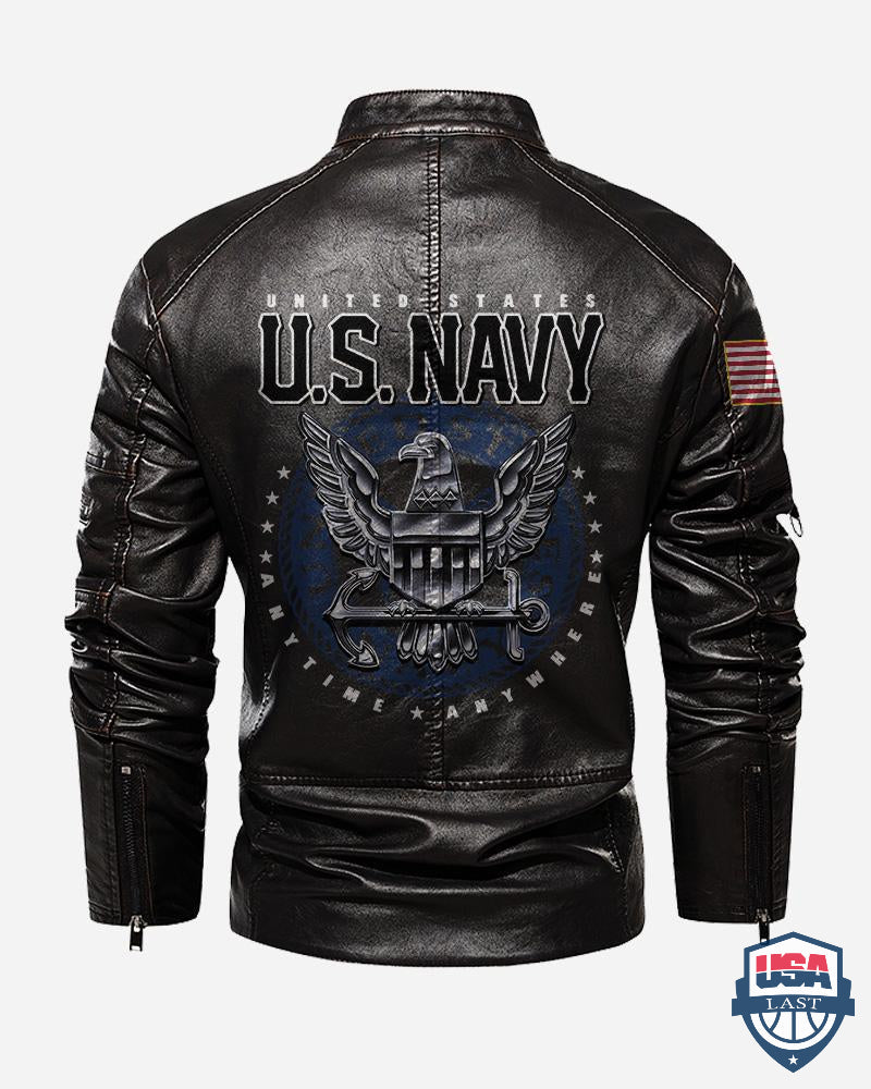 US Navy Anytime Anywhere Custom Motor Leather Jacket - HVSun