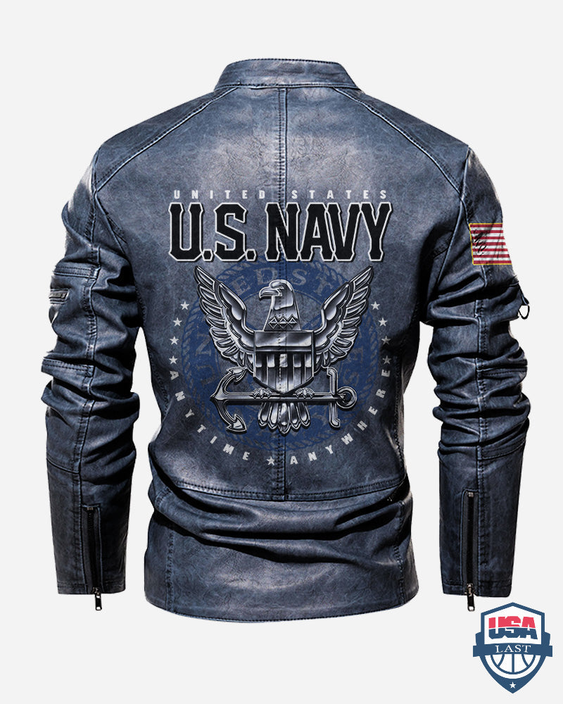 US Navy Anytime Anywhere Custom Motor Leather Jacket - HVSun