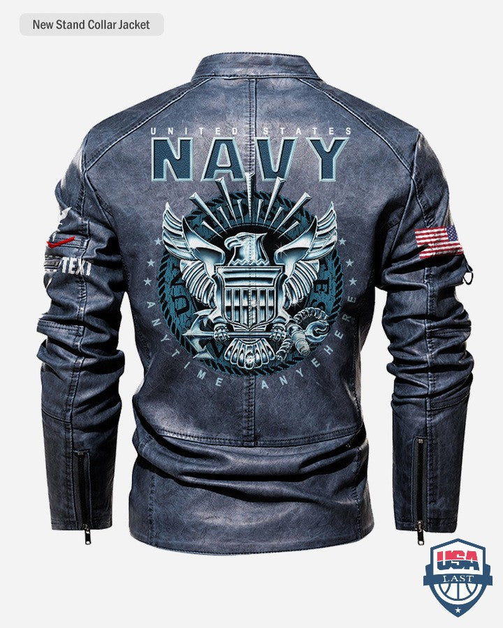 US Navy Anytime Anywhere Custom Stand Collar Leather Jacket - HVSun