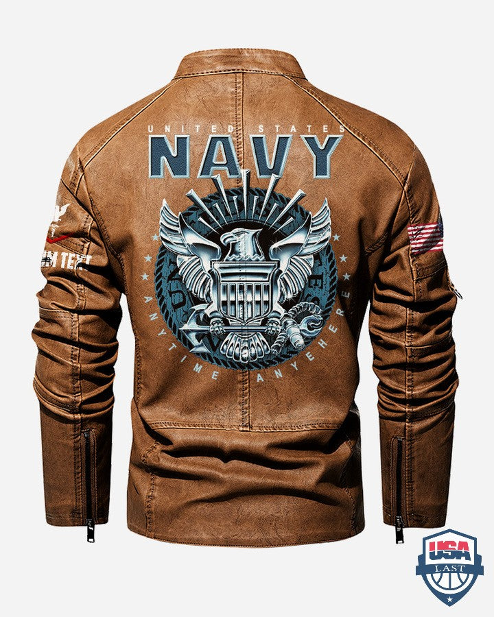 US Navy Anytime Anywhere Custom Stand Collar Leather Jacket - HVSun