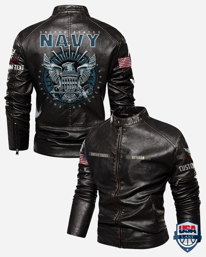 US Navy Anytime Anywhere Custom Stand Collar Leather Jacket - HVSun