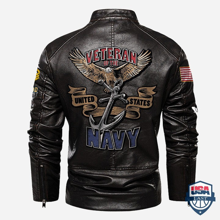 Veteran Of The United States Navy Custom Stand Collar Leather Jacket - HVsun