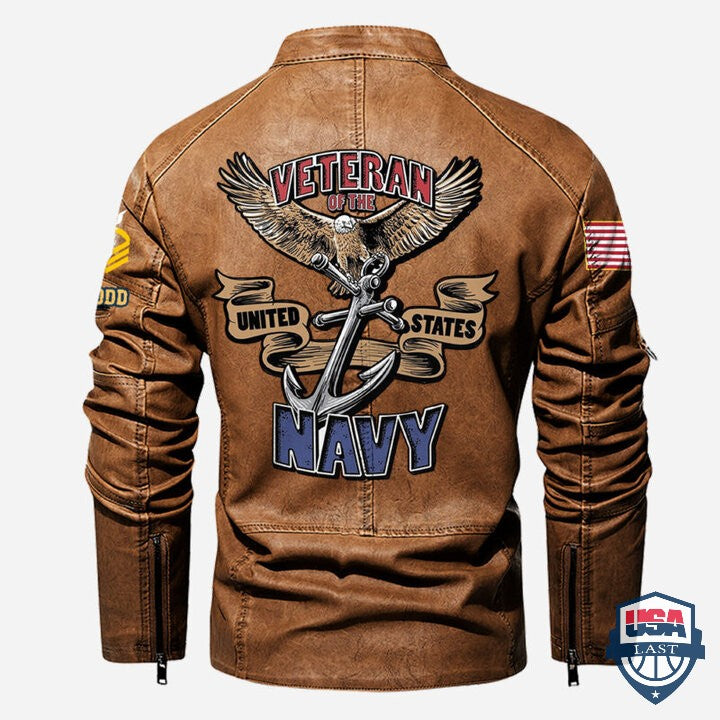 Veteran Of The United States Navy Custom Stand Collar Leather Jacket - HVsun