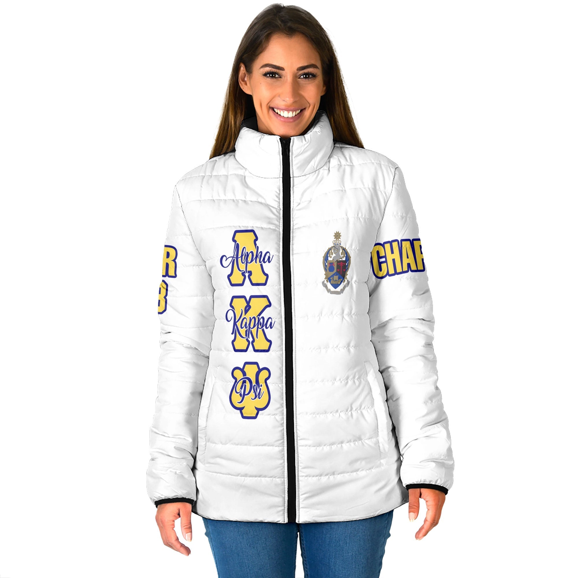 Fraternity Jacket - Personalized Alpha Kappa Psi Women Padded Jacket Original White Style
