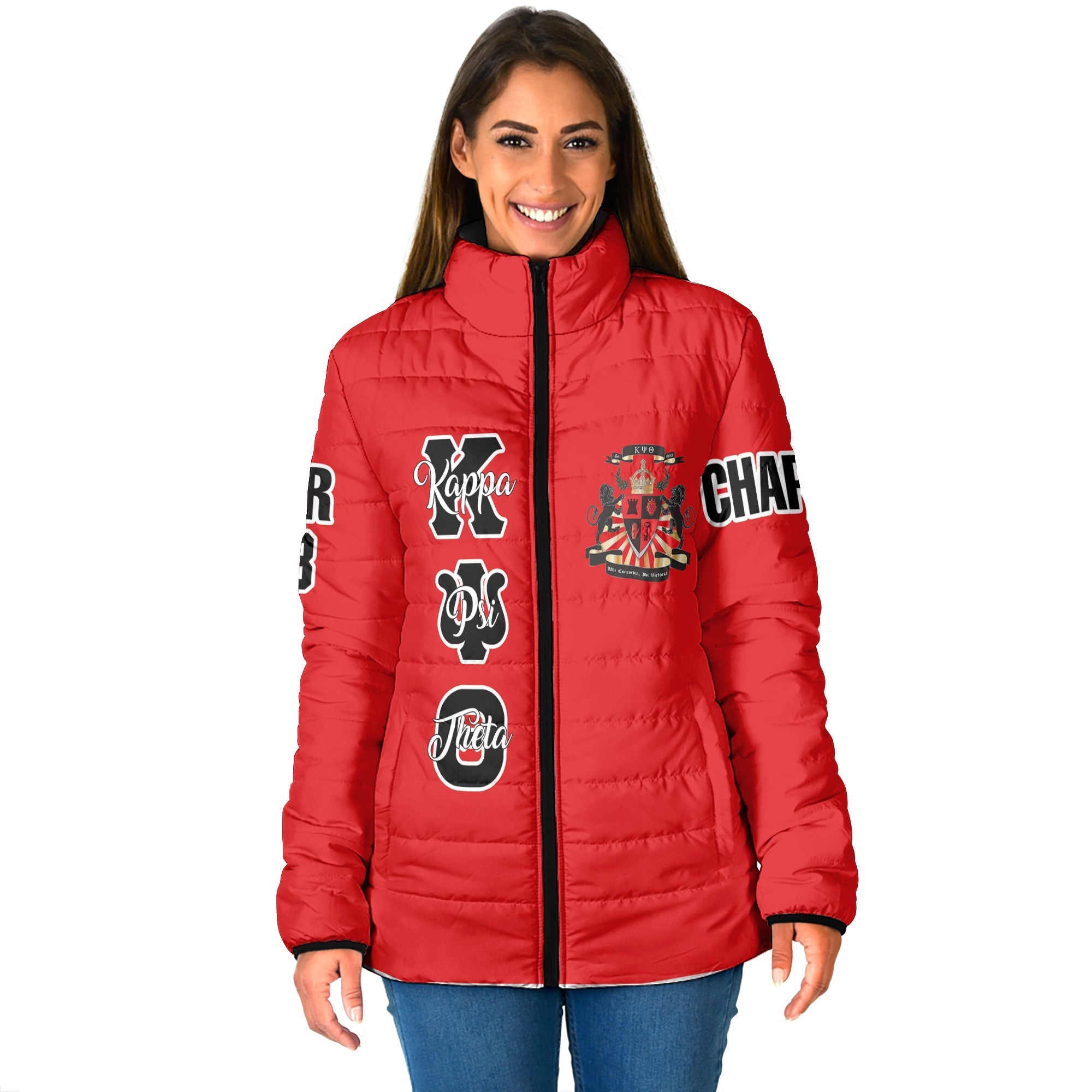 Fraternity Jacket - Personalized Kappa Psi Theta Women Padded Jacket Original Red Style