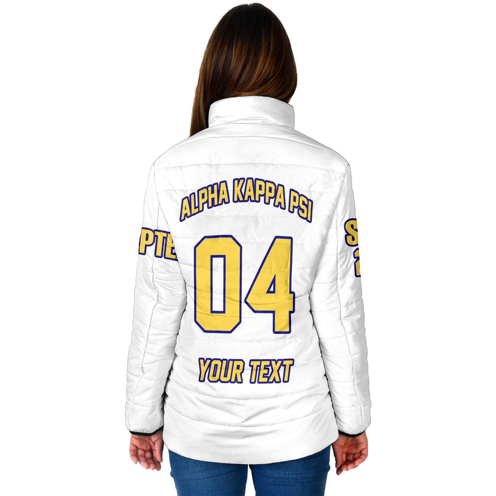 Fraternity Jacket - Personalized Alpha Kappa Psi Women Padded Jacket Original White Style
