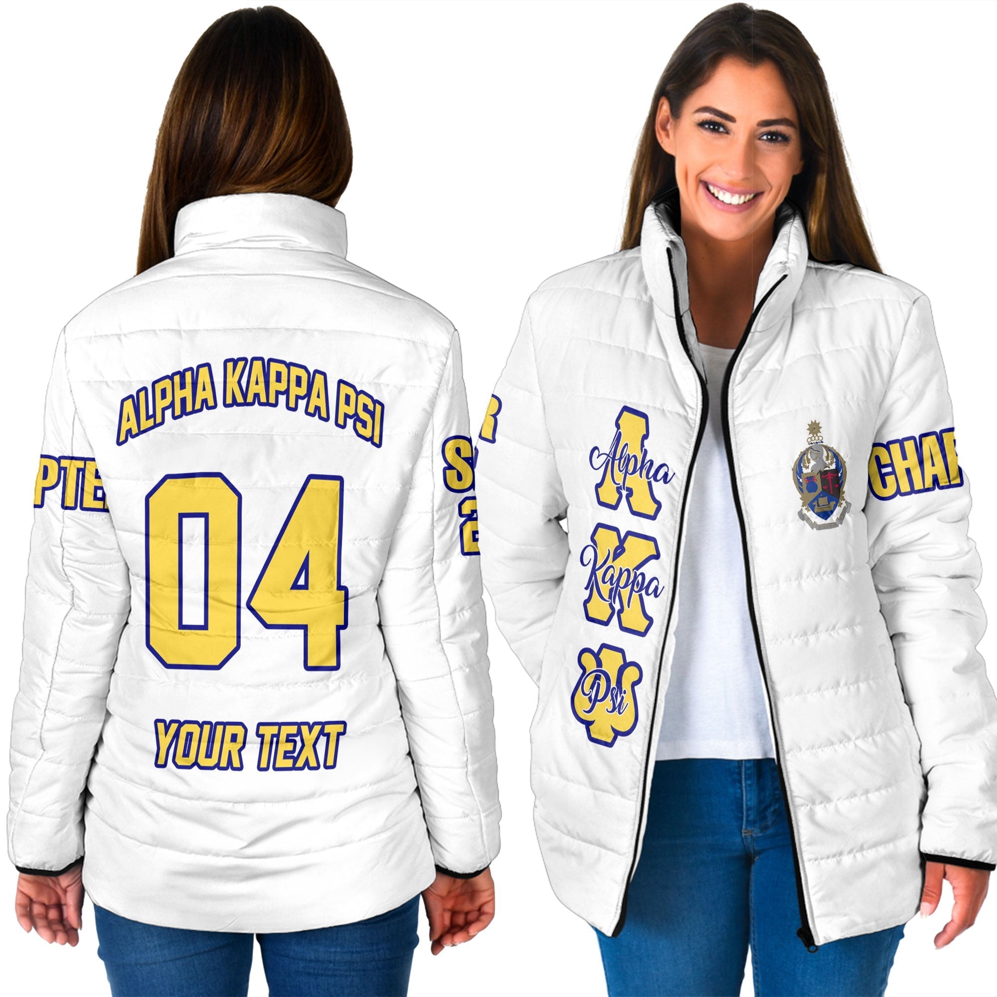 Fraternity Jacket - Personalized Alpha Kappa Psi Women Padded Jacket Original White Style