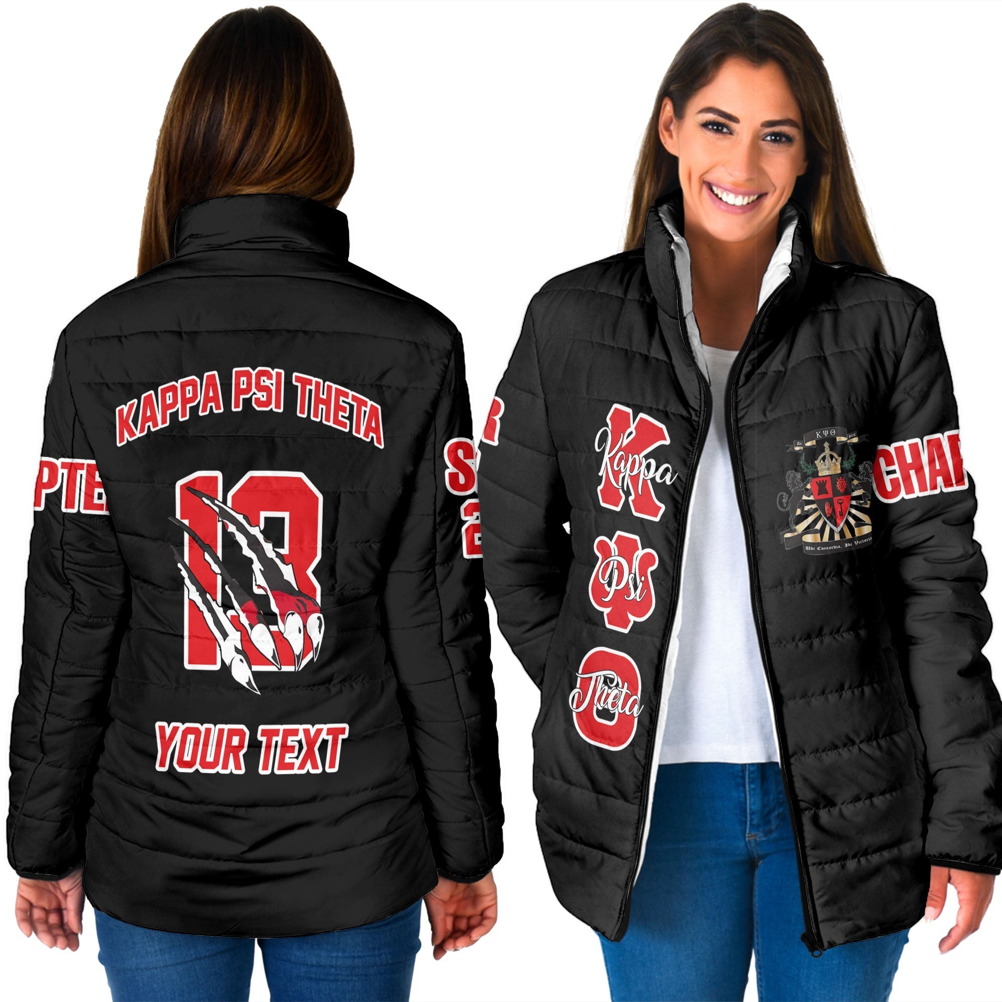 Fraternity Jacket - Personalized Kappa Psi Theta Women Padded Jacket Original Lion Claws Style