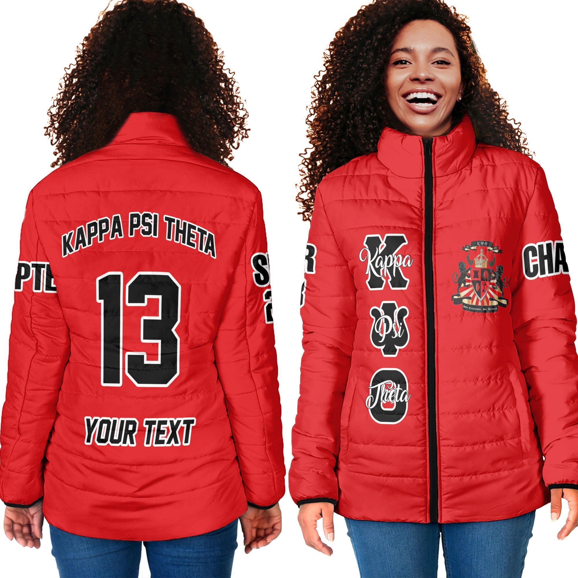 Fraternity Jacket - Personalized Kappa Psi Theta Women Padded Jacket Original Red Style