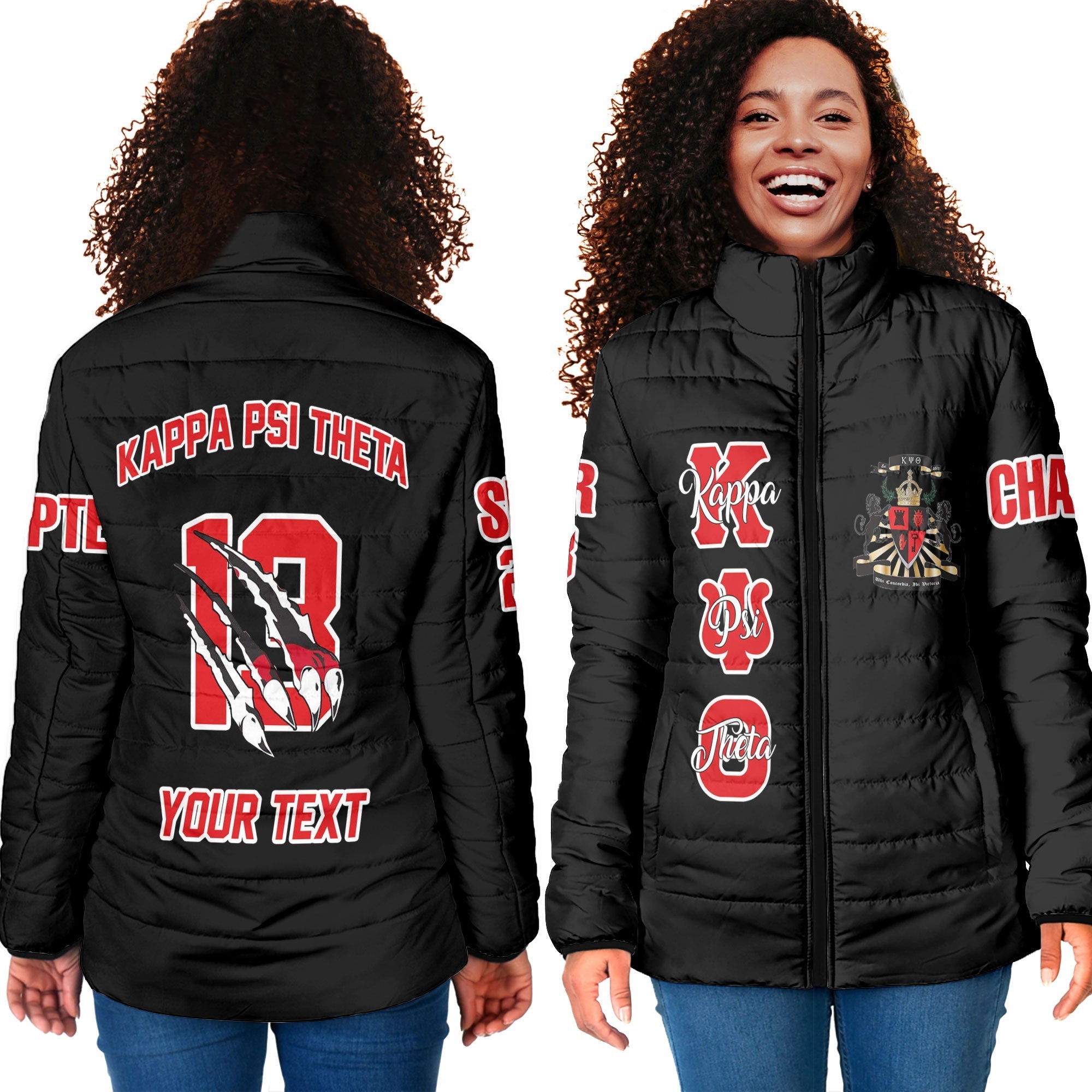Fraternity Jacket - Personalized Kappa Psi Theta Women Padded Jacket Original Lion Claws Style