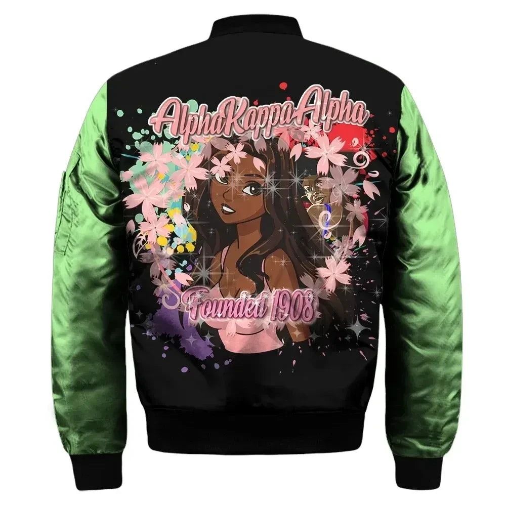 Sorority Jacket - AKA Girl And Flowers Sleeve Zip Bomber Jacket
