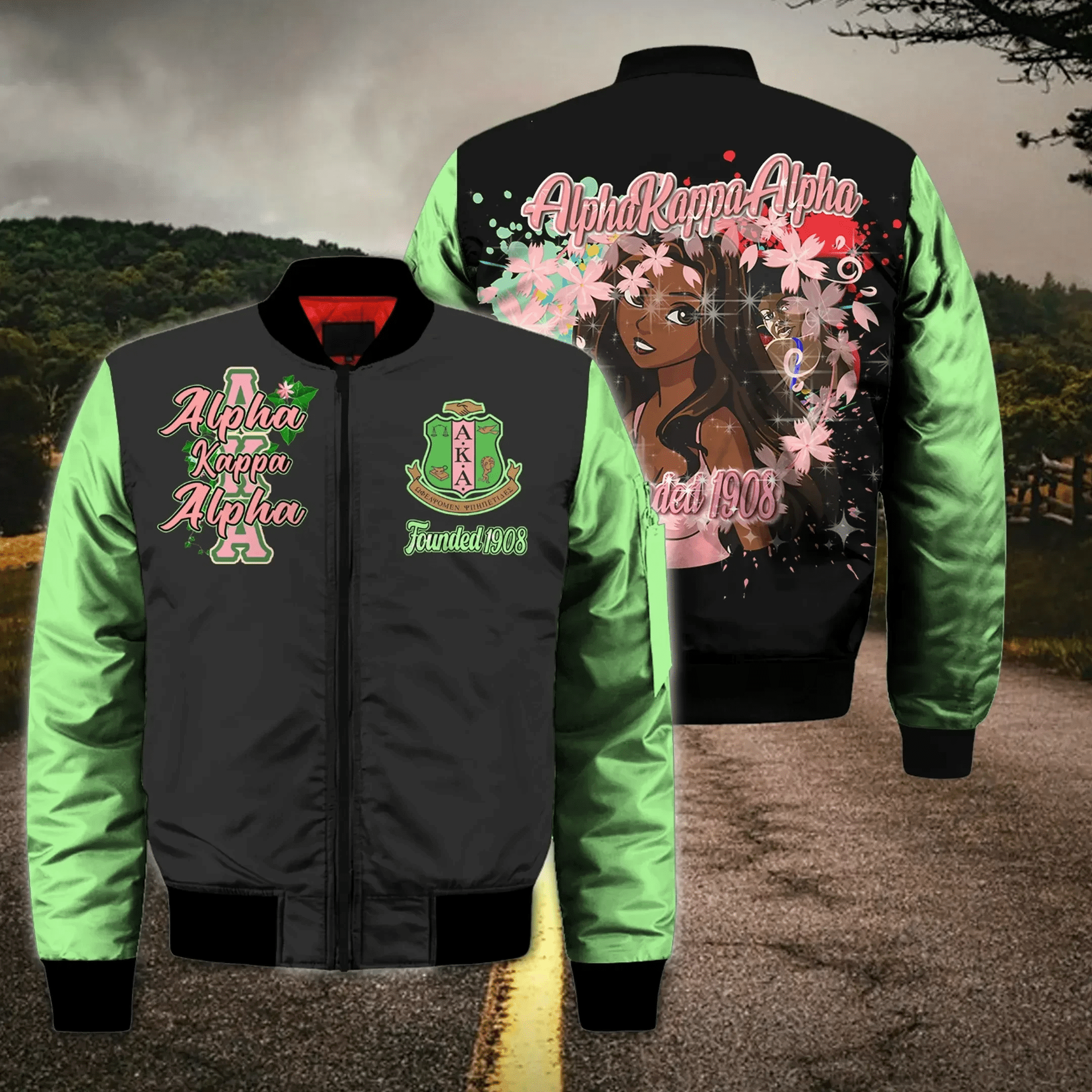 Sorority Jacket - AKA Girl And Flowers Sleeve Zip Bomber Jacket