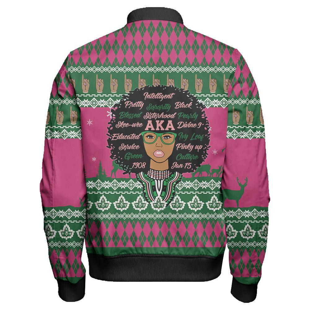 Sorority Jacket - Lux AKA Woman Dashiki Christmas Sleeve Zip Bomber Jacket