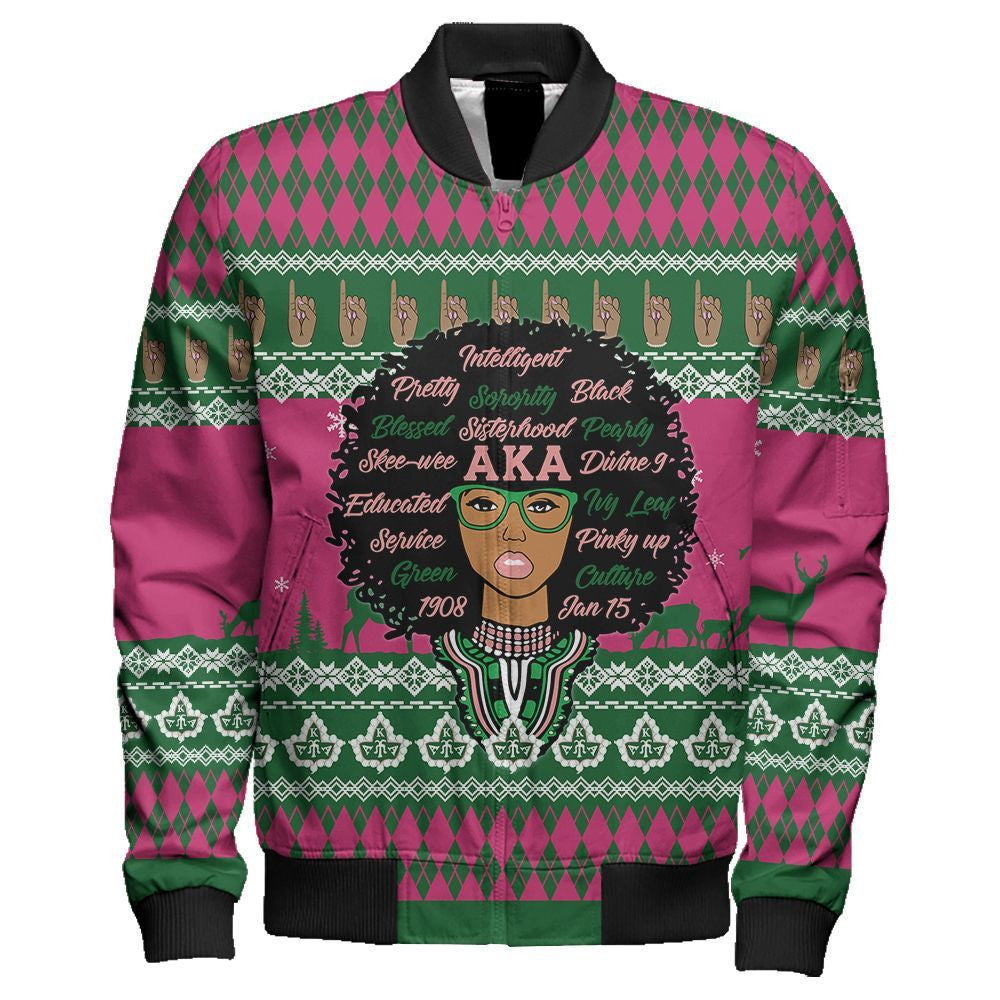 Sorority Jacket - Lux AKA Woman Dashiki Christmas Sleeve Zip Bomber Jacket