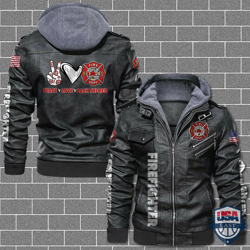 Firefighter Peace Love Back The Red US Flag Leather Jacket - HVsun