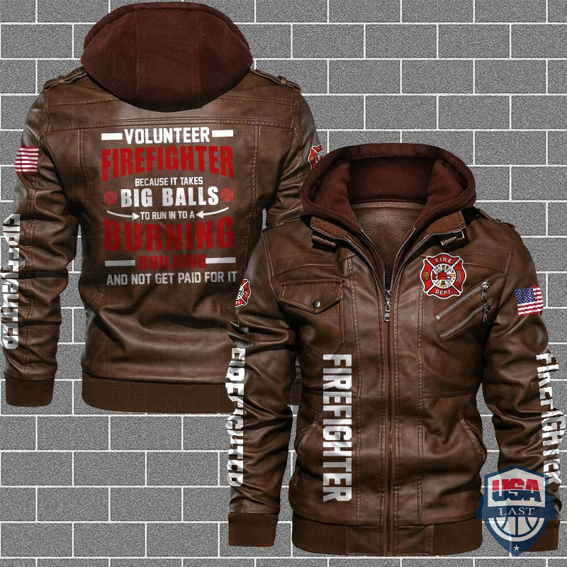 Volunteer Firefighter US Flag Leather Jacket - HVsun