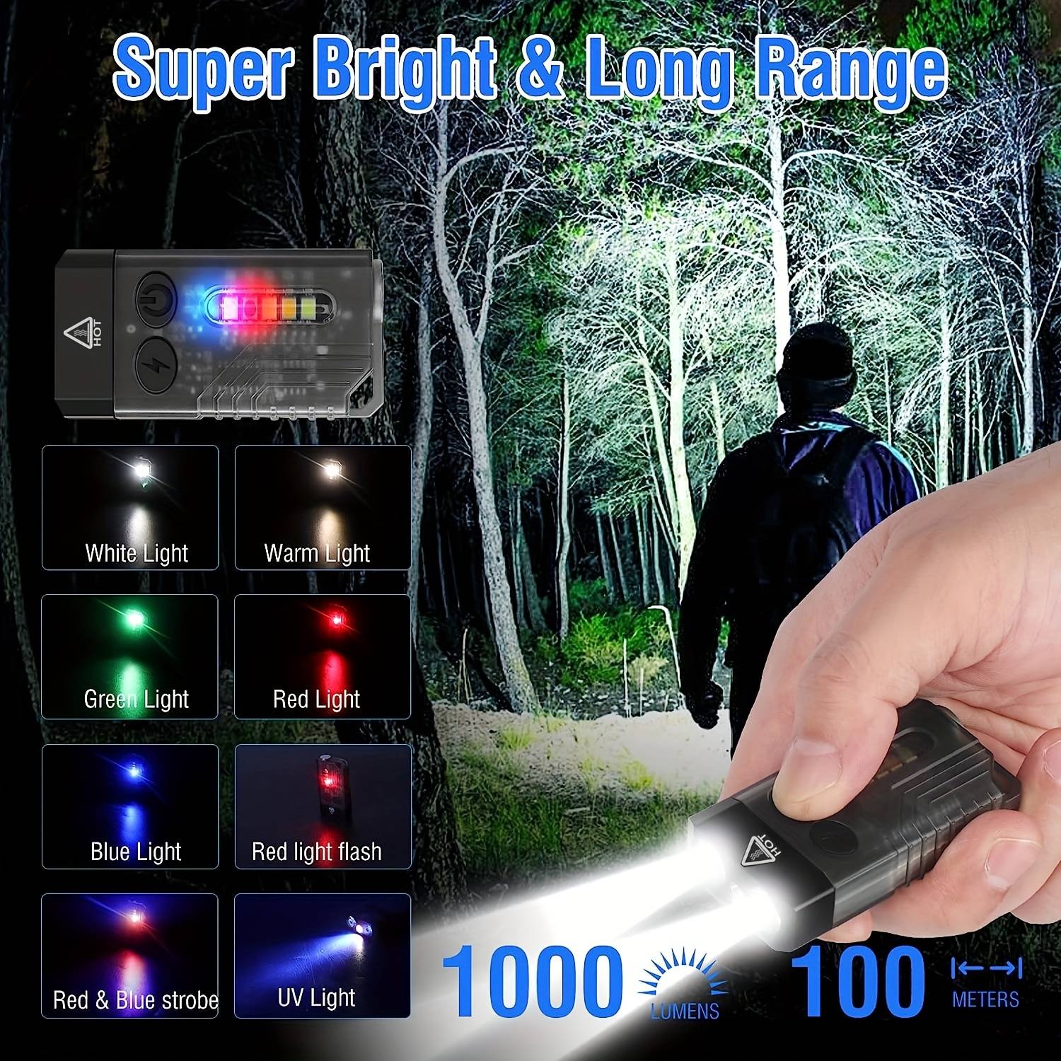 V10 Powerful Flashlight With 365nm UV Black Light, Super Bright 1000LM, USB Rechargeable LED Keychain Flashlight , 12 Modes, IPX4 Pocket Flashlight