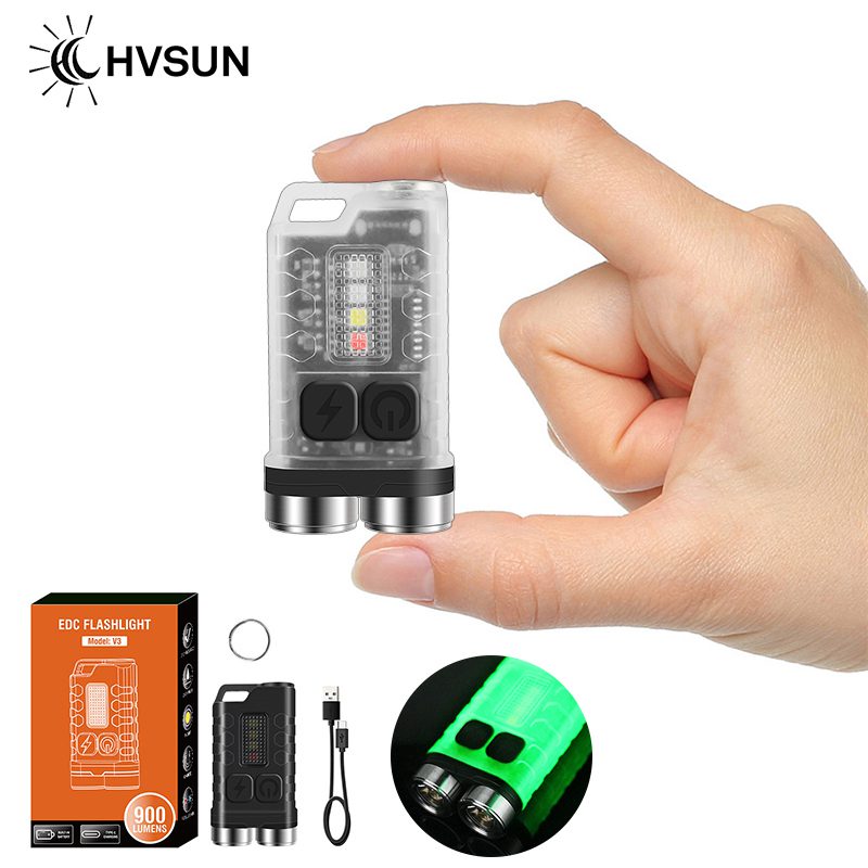 HV Sun V3 Mini LED Flashlight Multi-function Keychain Light 12 Modes Fluorescence USB C Rechargeable Flashlight Outdoor Camping Lantern