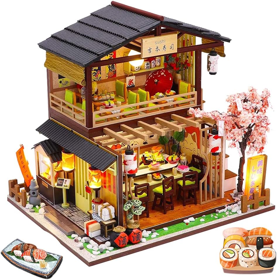 DIY Mini Sushi Shop Dollhouse Kit – Creative 3D Puzzle Room With Furniture, Assembled Model House Villa, Mini Toys Room Bedroom Decorations ,Halloween,Christmas Gift, Thanksgiving Day Gift
