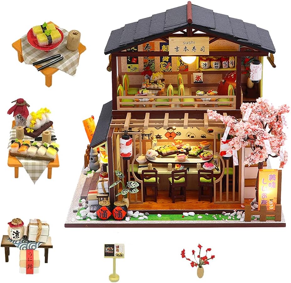 DIY Mini Sushi Shop Dollhouse Kit – Creative 3D Puzzle Room With Furniture, Assembled Model House Villa, Mini Toys Room Bedroom Decorations ,Halloween,Christmas Gift, Thanksgiving Day Gift